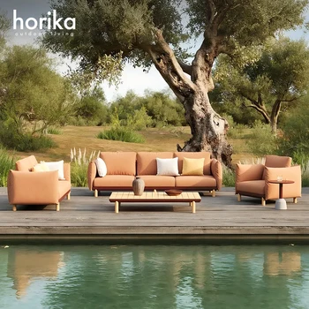 High Quality Luxury Hotel Terrace Teak Outdoor Patio Conversation Set Couch Garden Furniture Set Solid Wood Sofa Set