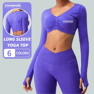 YISHENHON 2026 New Fitness Apparel Yoga Tops Workout Long Sleeve Activewear Pleated Yoga Crop Tops Sportswear