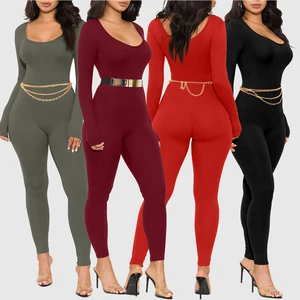 Unique Design Solid Long Sleeve square Collar Backless Bodycon Sexy Jumpsuits for Women