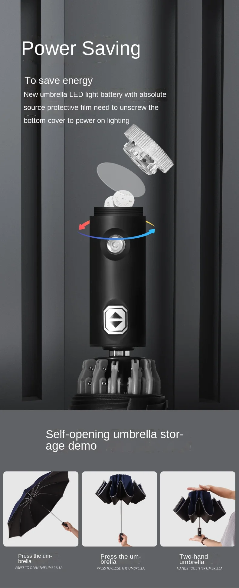 Outdoor 23inch 10 ribs windproof auto open button led flashlight 3 folding light umbrella black with printing  logo