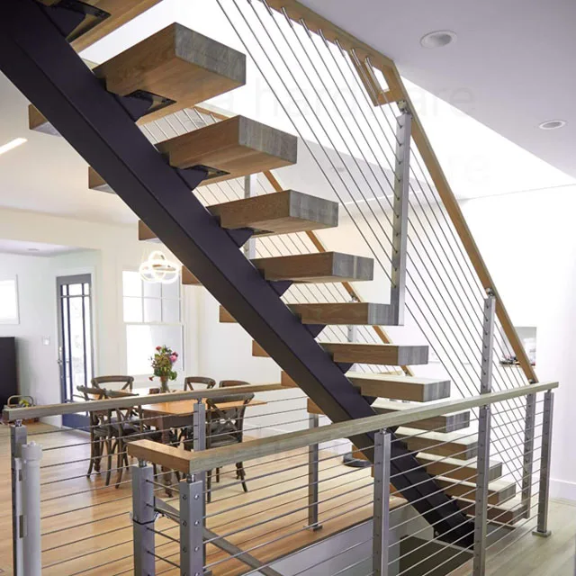 Indoor Steel Structure Central Stringer Stairs With Original Wood Tread