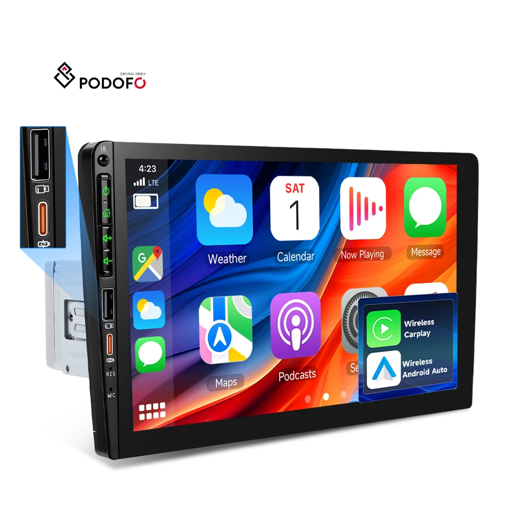 Podofo 9 inç Tek Din Araç MP5 Oynatıcı, Araç Radyosu, Kablosuz CarPlay ve Android Auto, Otomotiv Radyosu, EQ, Bluetooth, FM, DVR, Tip C Mikrofon, Toptan Satış, OEM A4600
