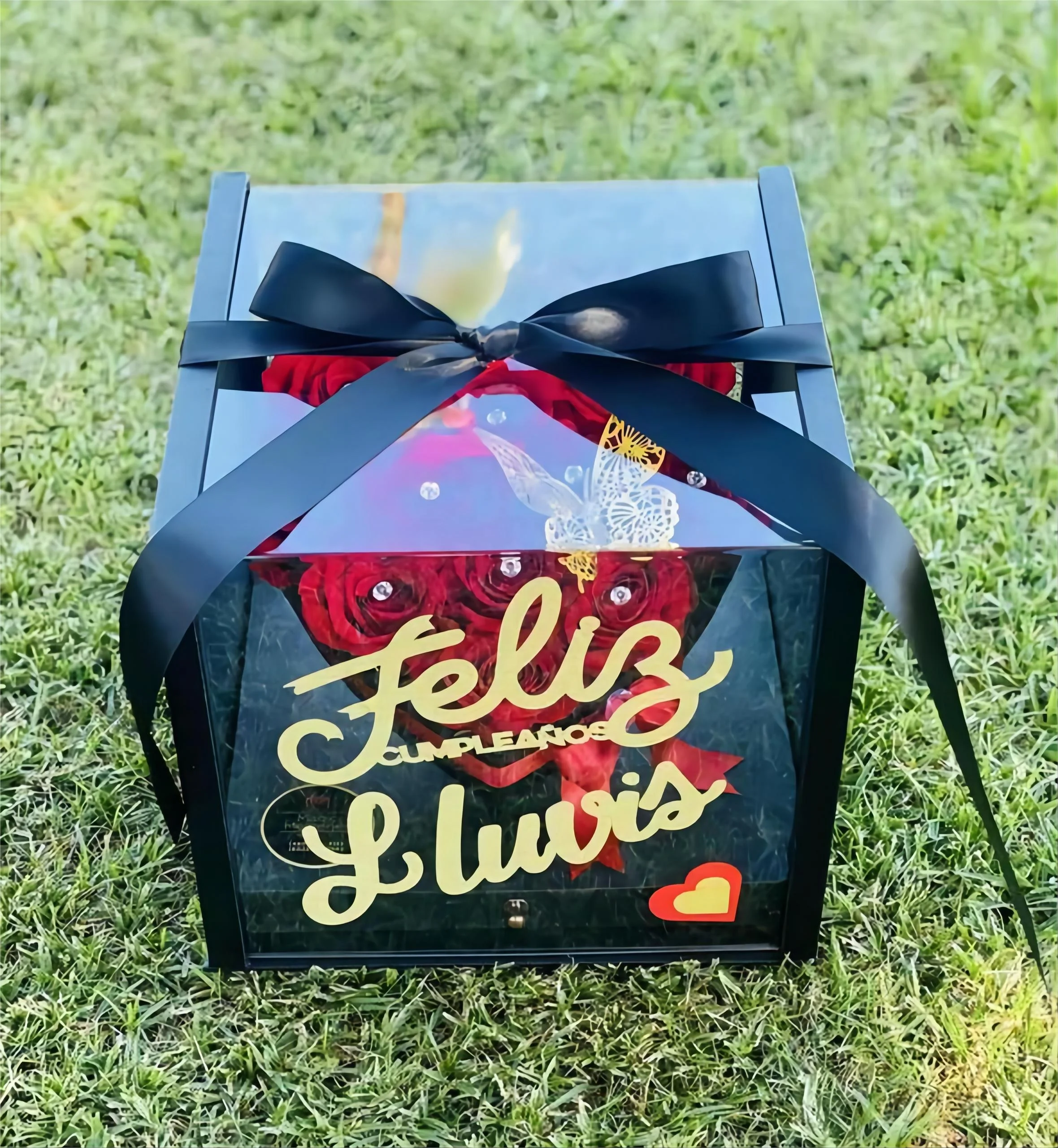 Luxury Square Transparent Window Flower Box Inside Heart Shaped Rose Box Valentine's Day Gift Box With Drawer and Ribbon