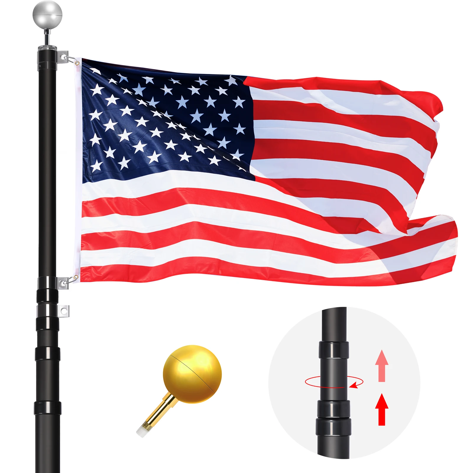 20ft 25ft 30ft Black Telescoping Oxidized Aluminium Flag Pole With Flag ...