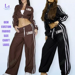Huili Spandex Activewear Stand Collar Cropped Button Top & Baggy Pants Tracksuit Custom logo Black Women Tracksuit 2 Piece Set