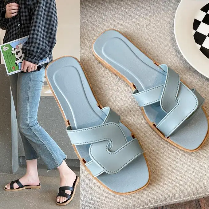 New Slippers Women Summer Solid Color One-word Slippers Fashion Outer ...