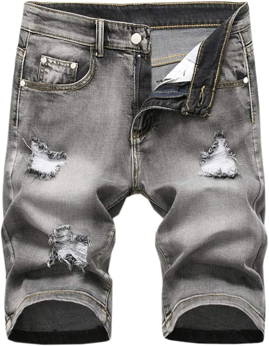 Ripped Gray Slim Fit Denim Shorts For Men Knee Length Men's grey Jeans Shorts260_voghion.com