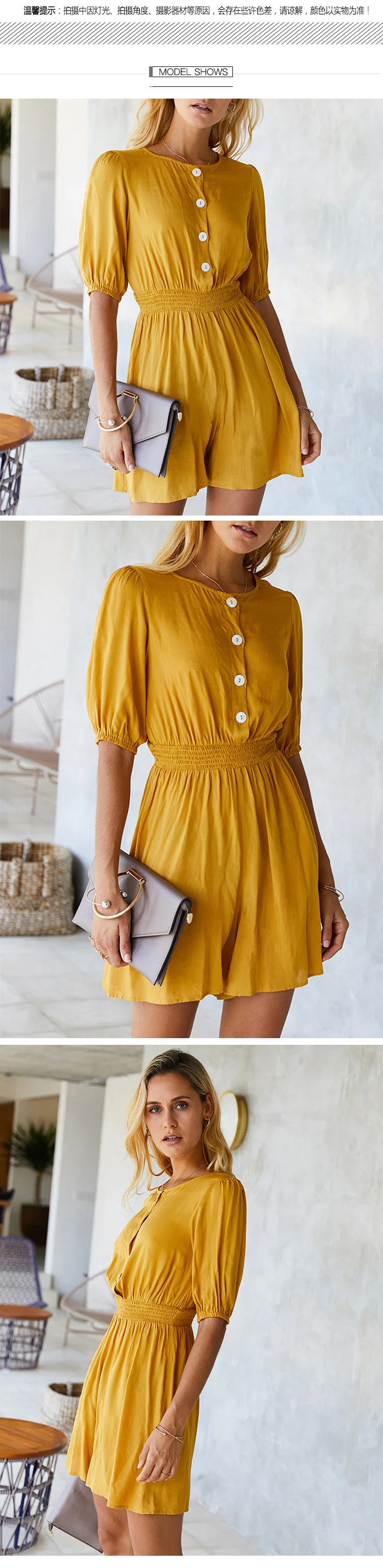 2021 Manufacturer New fashion design Summer  elastic waist button top half sleeves Square Collar solid short Jumpsuits