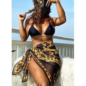 Manufacturer Wholesale Custom New Sexy 4 Piece Bikini Set Beachwear With Sarong Cover up Triangle Swimsuit Women Solid Swimwear