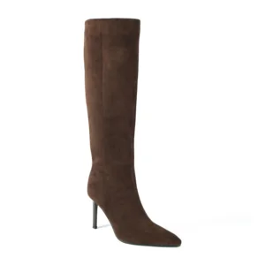 Brown Cow Suede Autumn/Winter Knee-High Boots with Pointed Toe Stiletto Heel Slip-On Closure & Comfort Trendy Style