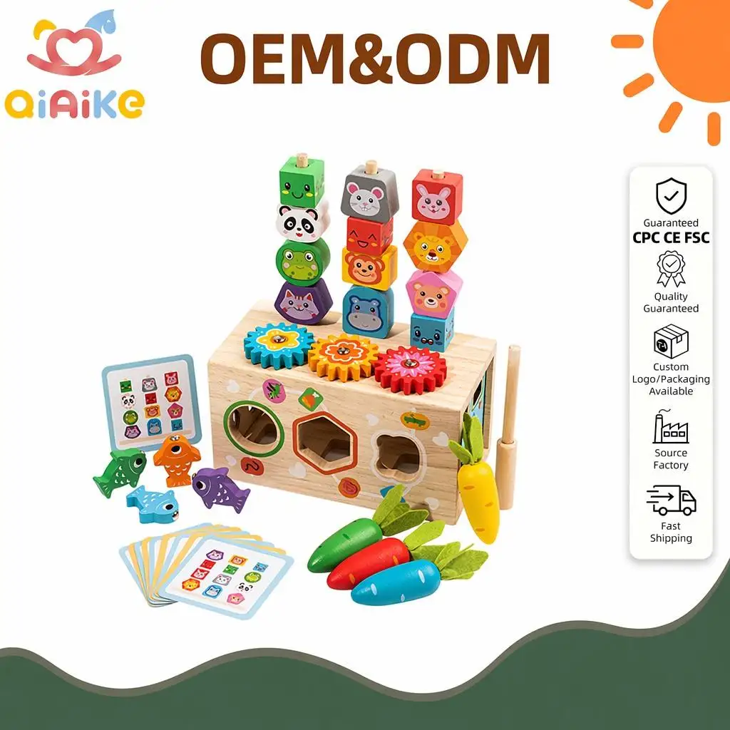 Cubo attività in legno Montessori per impilare, giocattolo educativo multifunzionale per ordinare forme, gioco del raccolto delle carote, pesca e ingranaggi