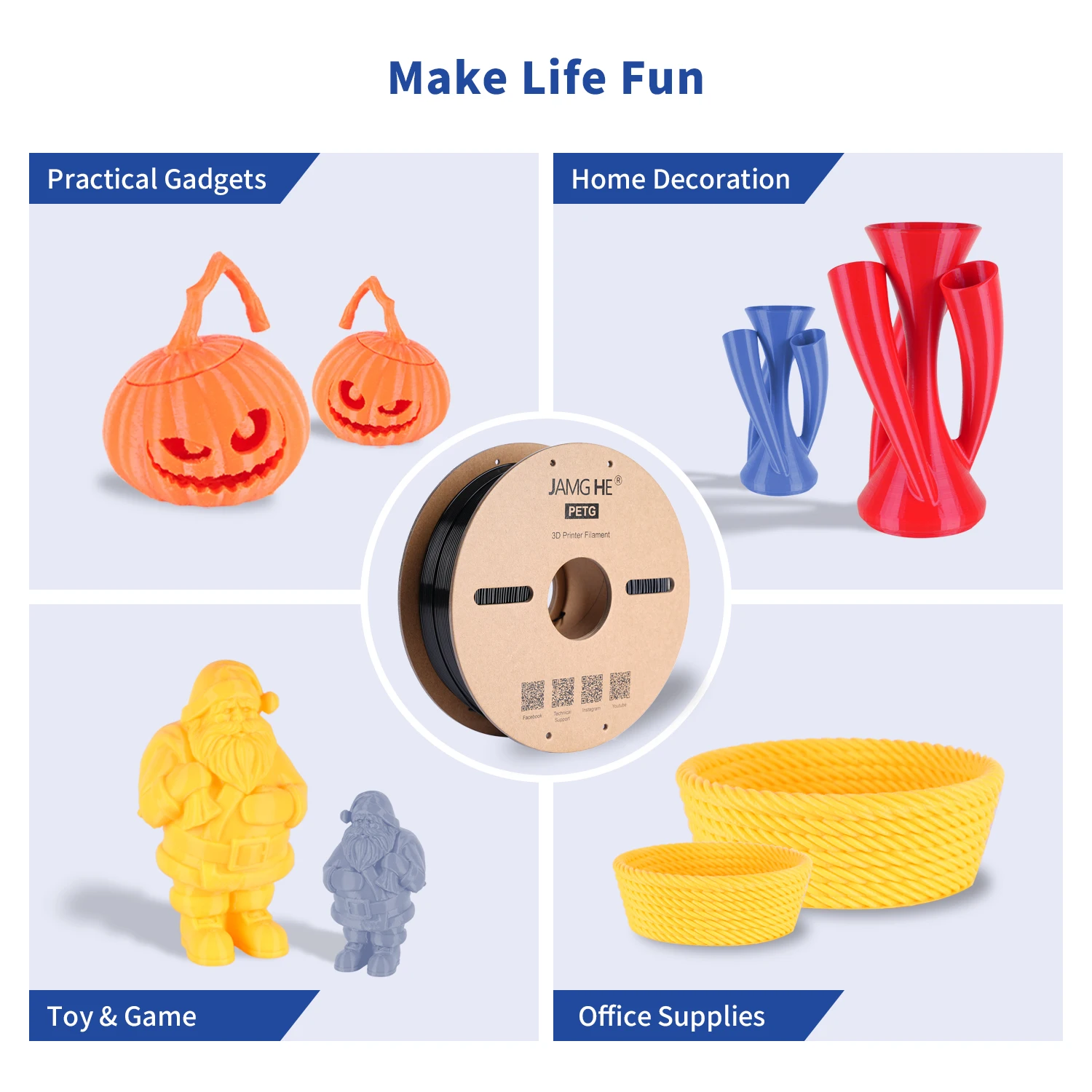 JAMG HE Petg Filament PLA/ABS/TPU/Silk PLA/PLA+ Filament 1.75mm Spool Filament  Raw Materials for 3d Printer Pen