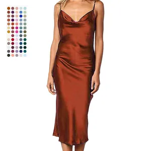 Women's V-Neck Bodycon Satin Dress Eco-Friendly Spaghetti Strap Breathable Washable Solid Casual Worsted ODM OEM Available