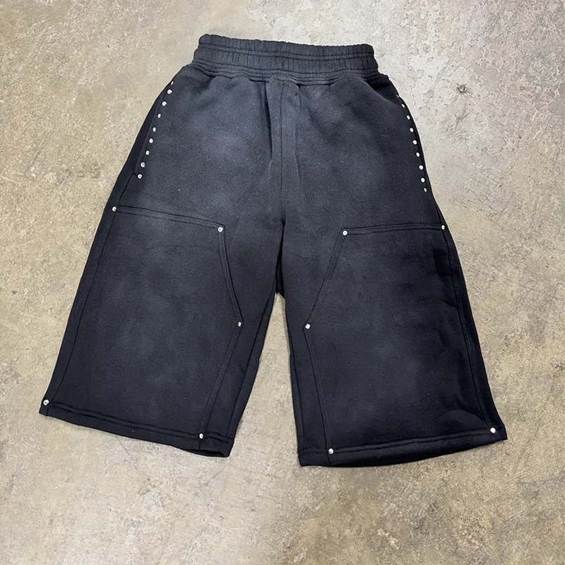 Custom Heavyweight Acid Wash Double Knee Jorts Men Rivet Detail Baggy Sweat Shorts Vintage Faded Oversized Streetwear Shorts