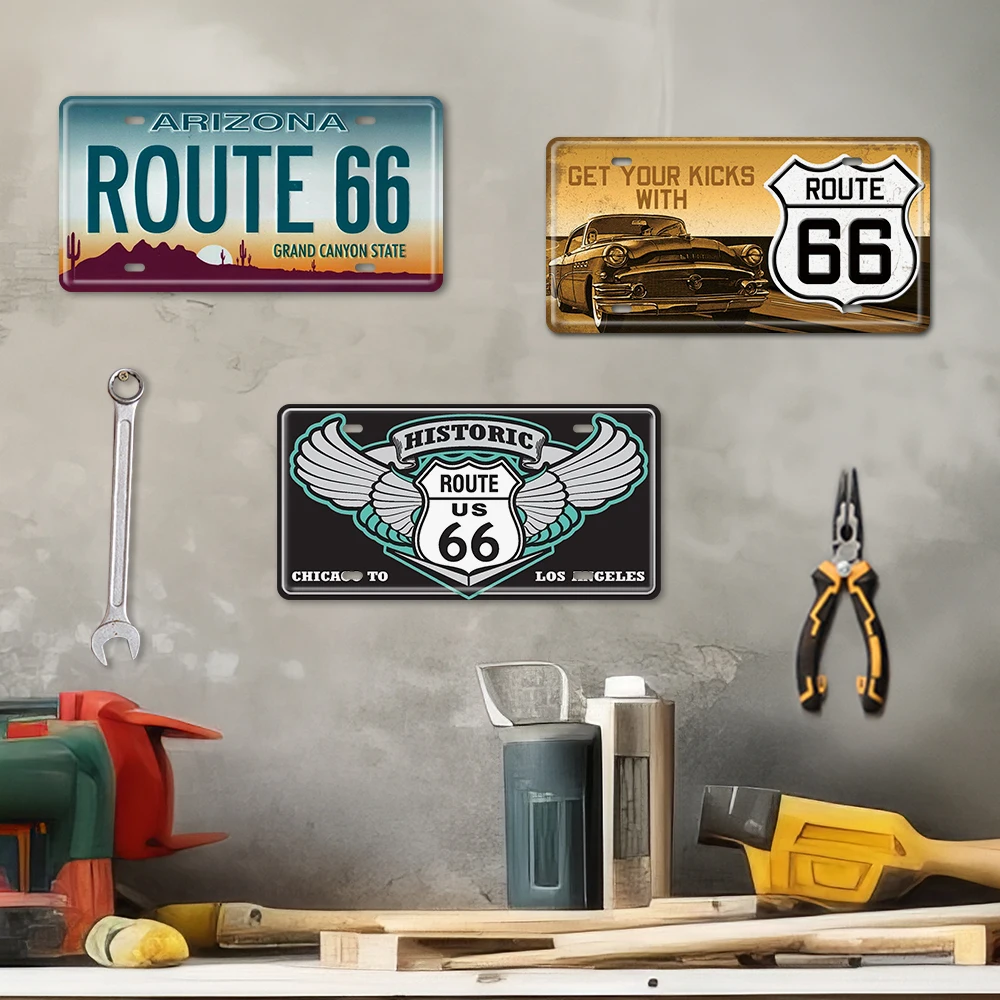 Route 66 Car License Plate Metal Sign - Vintage Garage Decor