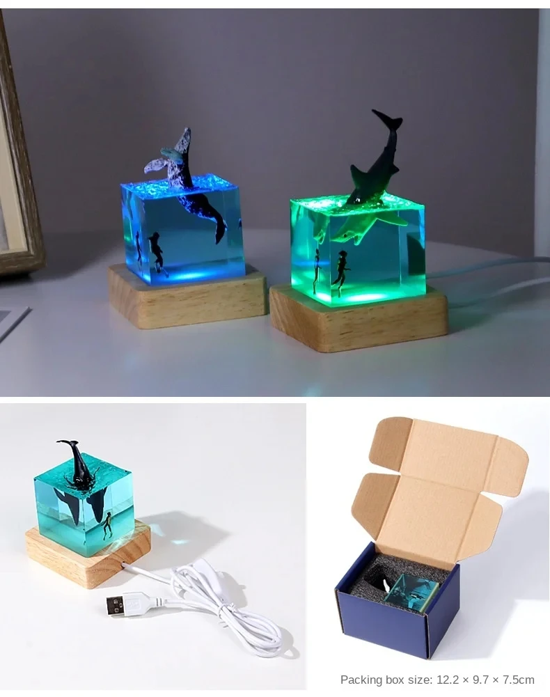 Creative Transparent Multi Color Ocean Shark Atmosphere Table Lamp Solid Wood Resin Desktop Epoxy Resin Lamps