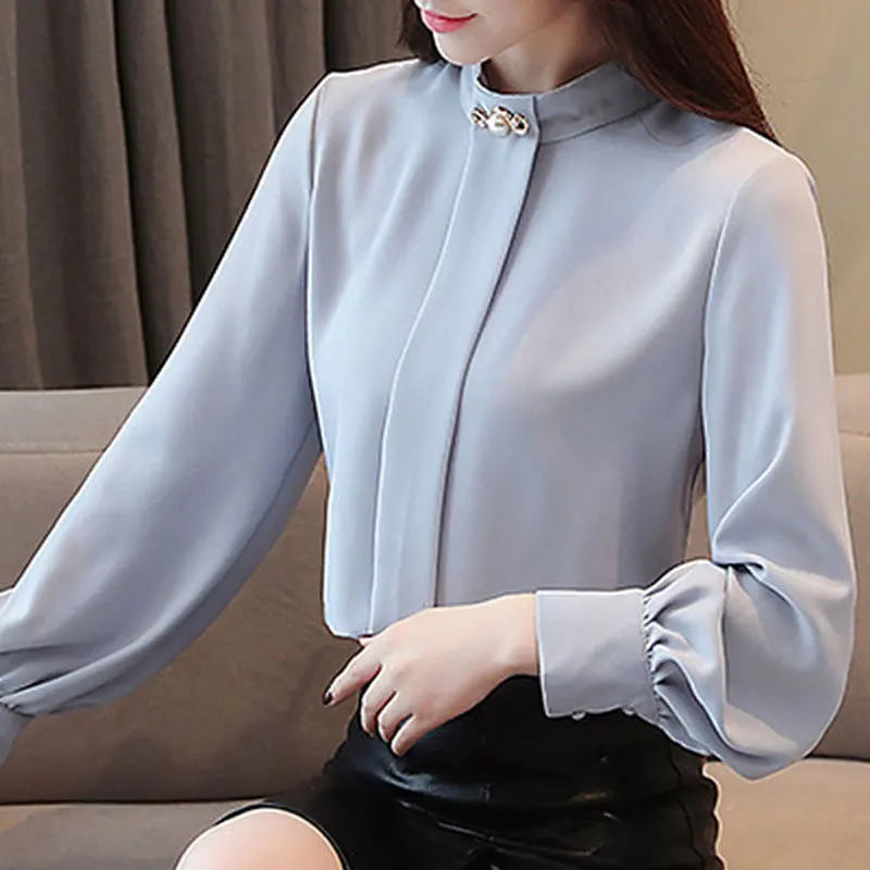 Plus-size Women's Blouse Solid Color Stand-up Collar Long Sleeve ...