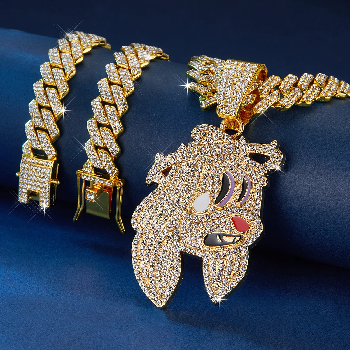 Set 3 Collane Con Ciondolo Targhetta Cane Hip Hop Ghiacciato – Placcato Oro 14K