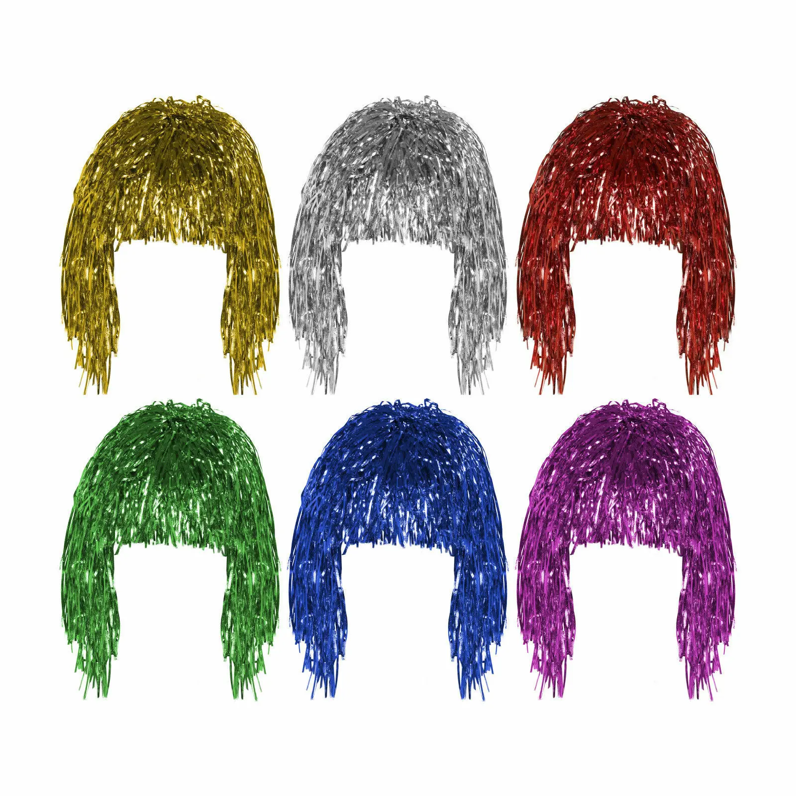 Set Of 4 Tinsel Wig Pink Shiny Metallic Foil  70s 80s Fancy Dress Wig Accessory 