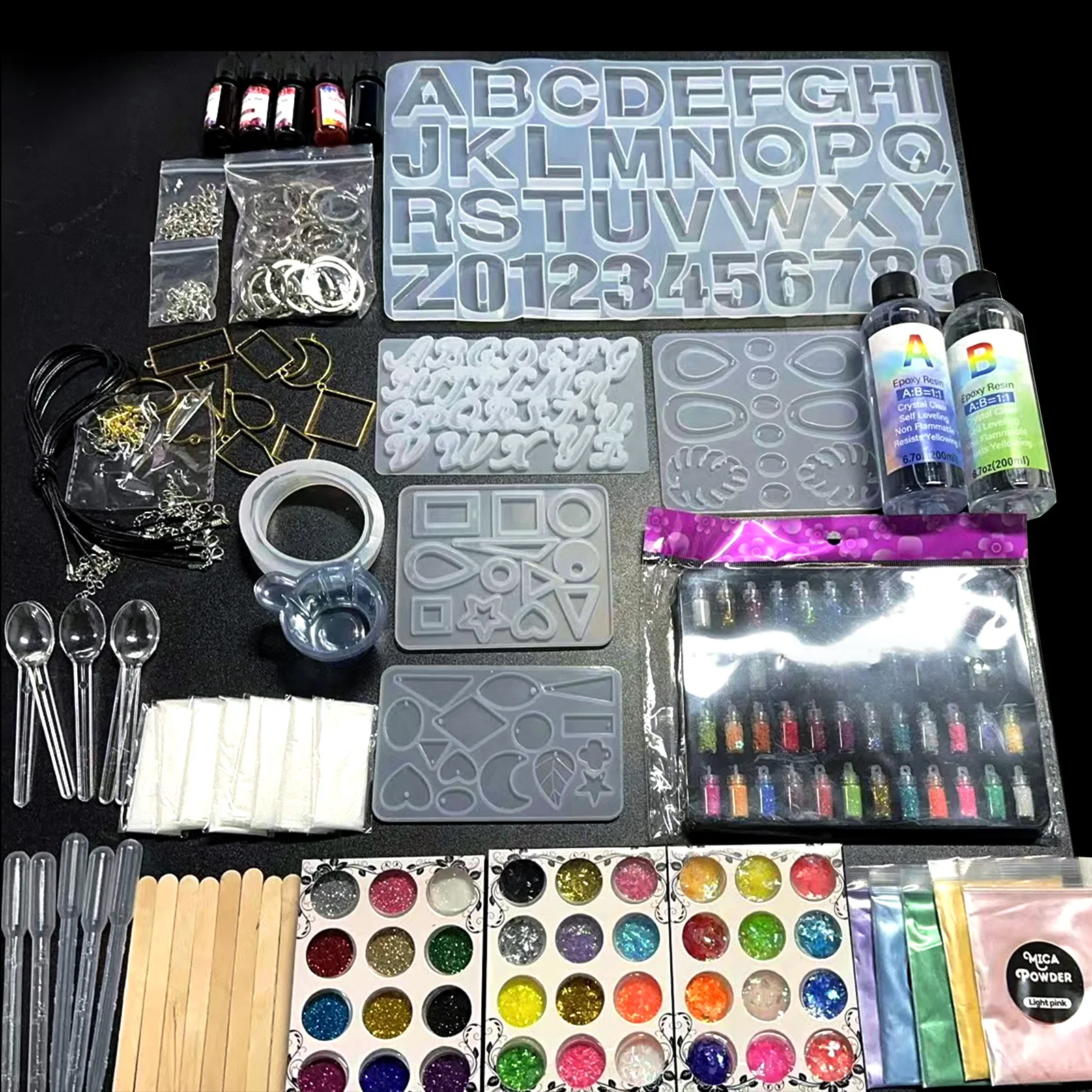 Resin Kit for Beginners with Resin Molds Silicone and Epoxy Resin Supplies Include Pigment Glitter Necklace Cord Earring Hooks
