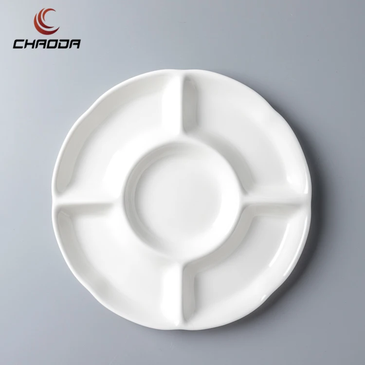 Chaoda Ceramic Divide Plates 5 Compartments Porcelain Snack Plate High Quality White Ceramic Dessert Nut Dishes for Hotel Home
