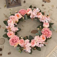 Hot selling 2024 rose simulation flower wreath DIY pink multi color decorative spring artificial wreath for wedding decor