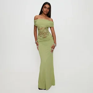 Off Shoulder Strapless Elegant Dress Solid Color Lace-edged Slim Fitting Maxi Dress for Women