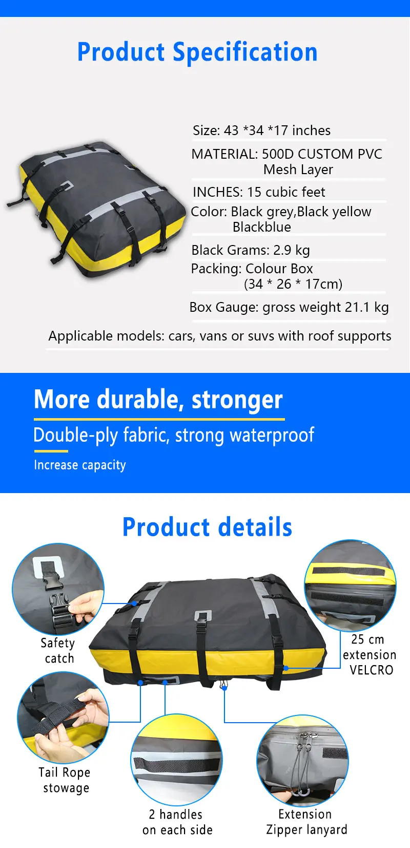 2021 New Design Large Capacity Custom Available Waterproof Touring Travel Military Car Roof Top Bag
