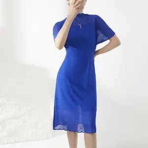 Woven Dress Women Casual Style Half-High Collar Solid Color Printed Design Elegant Straight Long Summer Dress