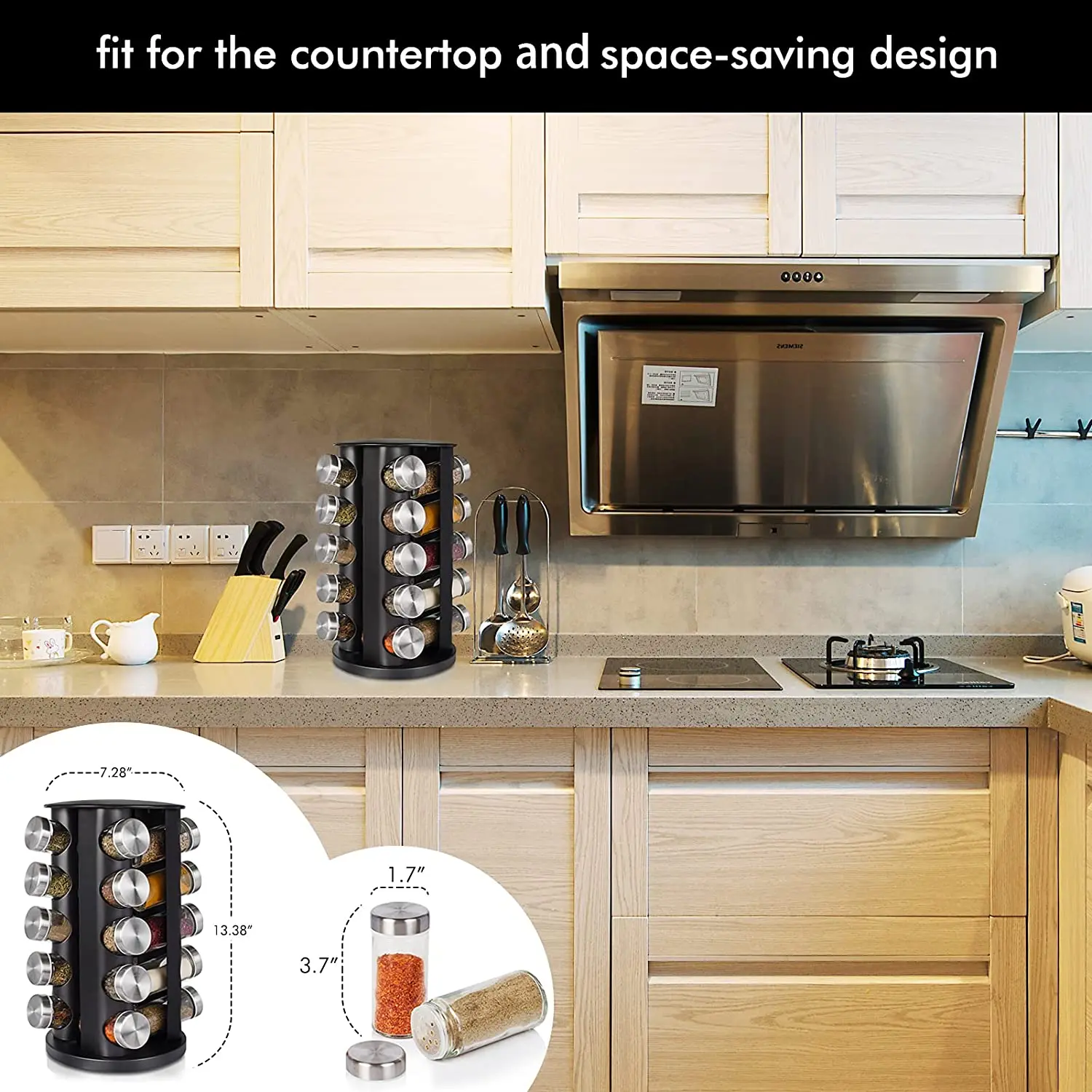 Rotating Spice Rack Organizer with 20 Empty Spice Jars, 135 Spice Labels  with Funnel Complete Set, Seasoning Organizer for Cabinet, Revolving Spice