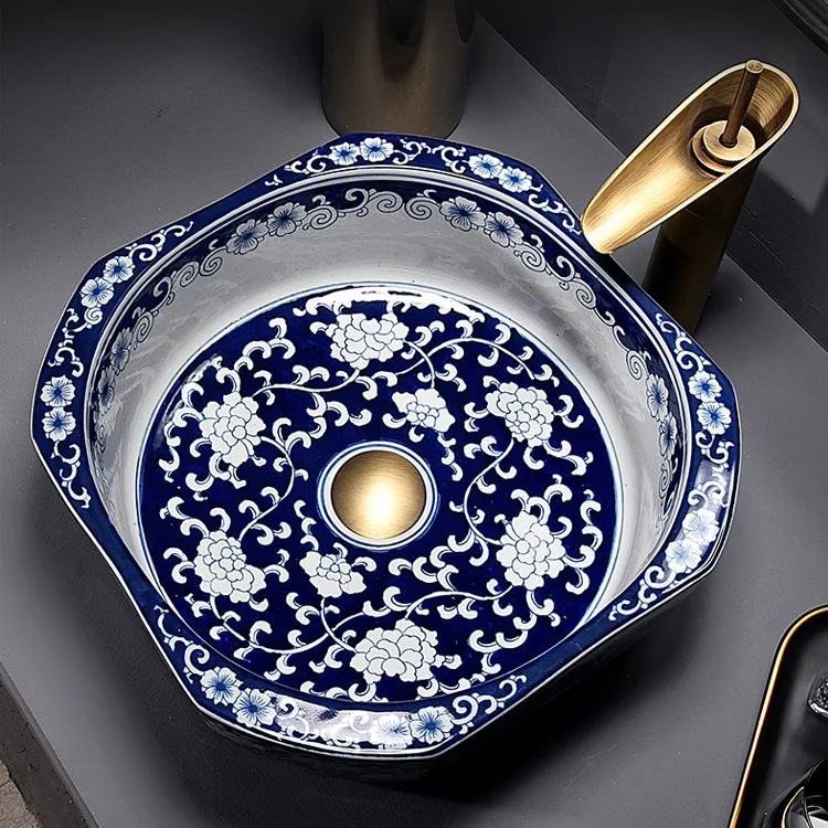 Blue White Rectangular Chinese Hand Painted High Quality Ceramic Art Bathroom Basin for Home and Restaurant