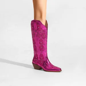 Customizable Women's Metallic Pink Embroidered Cowgirl Boots Rhinestone Studded Western Style Height Increasing Comfort Autumn