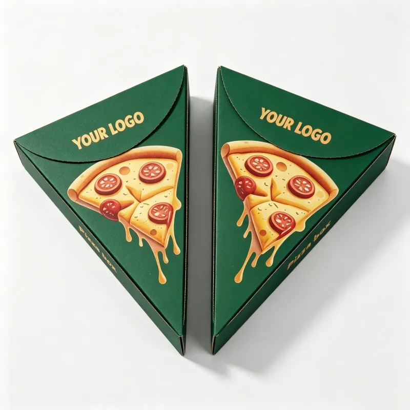 Individuell bedruckte dreieckige Pizzastück-Box aus lebensmittelechtem, fettfestem Papier mit 350 g/m², mikrowellengeeignet, zum Mitnehmen, flach zusammenklappbar