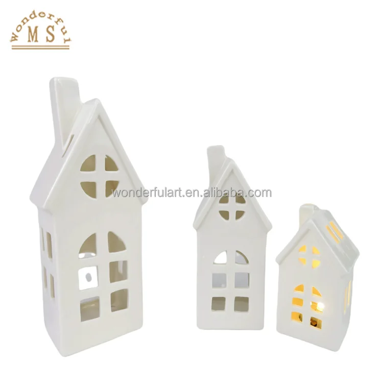 High quality Ceramic Village House Tealight Holder with Led Light for Christmas Ornament and Home Decoration Wedding Gift
