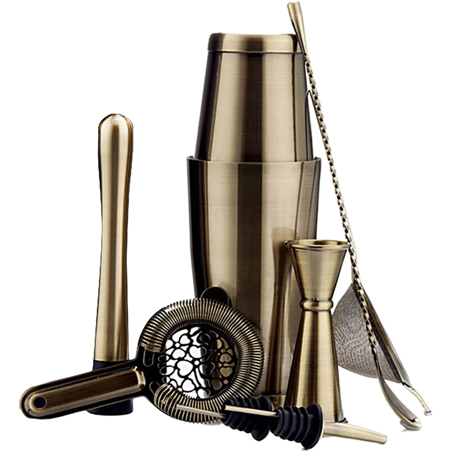 7-Piece Eco-Friendly Stainless Steel Boston Shaker Set Bartender Bar Ware Mixer Kit Muddler Double Jigger Strainer Mixing Spoon with Custom Logo