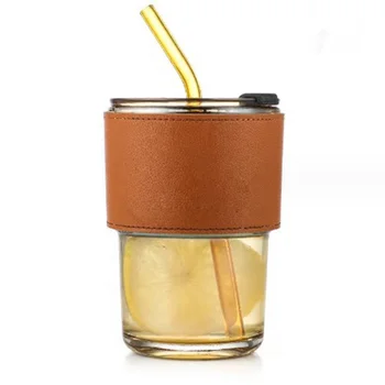 Large Capacity  with straw Creative Transparent Glass Coffee Cup
