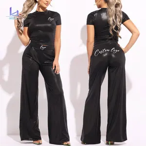 Huilong Manufacturer OEM High Quality 2025 Fashion Black Women's Summer Set Custom Logo Two Piece Crop Top Baggy Pants Short