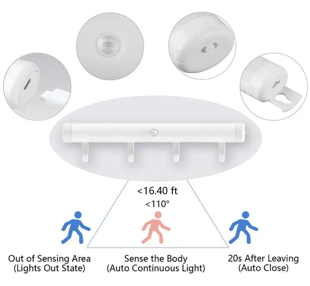 Portable Morden Detachable Adhesive Hooks LED Night Light PIR Motion Sensor Cabinet Light Indoor Bedroom factory