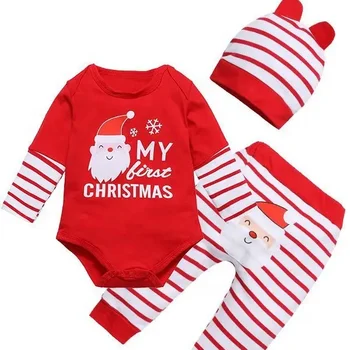 Cross border Spring and autumn new baby clothes children's Christmas long-sleeved three-piece striped pants can be removed hat s