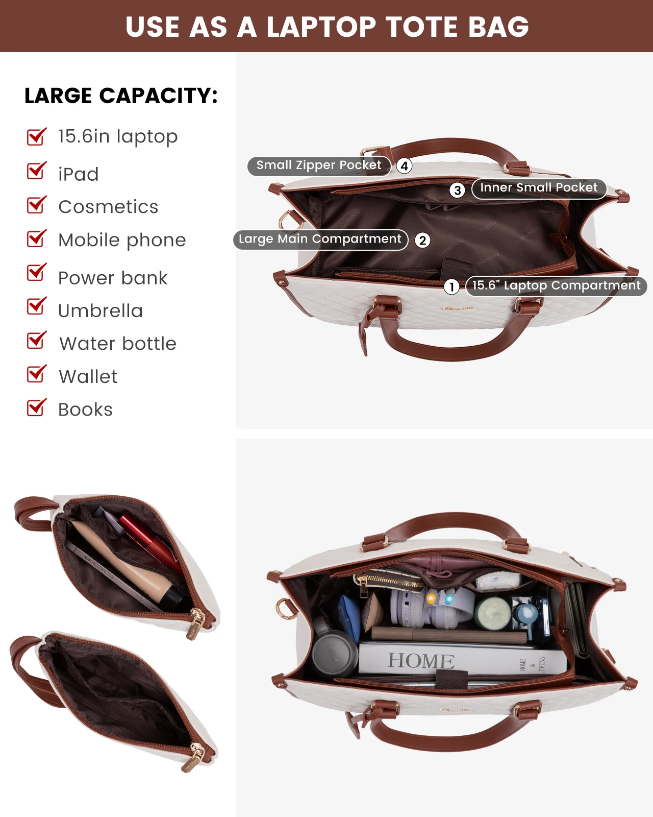 LOVEVOOK Quilted Large Capacity 15.6 Inch Work Business Laptop Bag With Insulated Lunch Compartment Lunch Tote Bag for Women