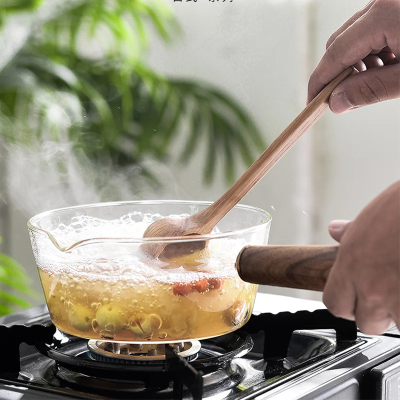 GLASS COOKING POT WITH WOODEN HANDLE FOR SOUP OR NOODLES FOOD GAS STOVE COOKWARE 