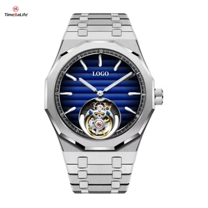 Factory Customized LOGO Brand 316L Stainless Steel Mechanical Watch Men's Luxury Hollow Blue Dial Flying Tourbillon Watch