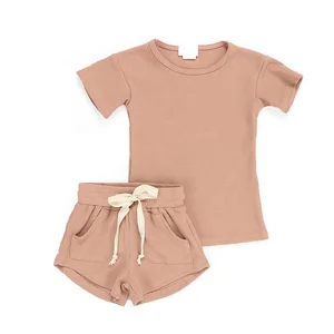 High Quality Waffle Cotton Baby Clothes Short Sleeve Sets Summer Infant Girls Outfits
