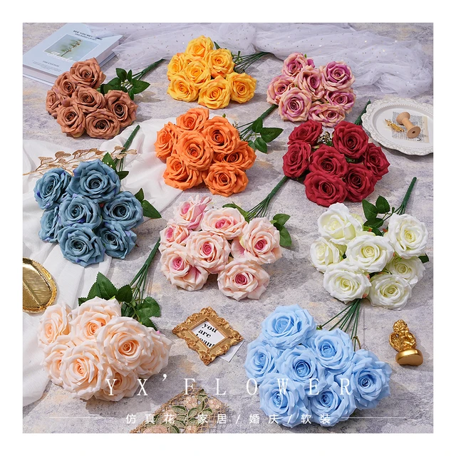 New wedding silk flower 7 roses bunched flannel horn rose wedding materials cross-border trade shooting props
