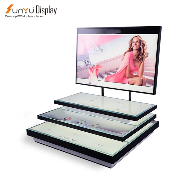 Professional Custom Luxury Perfume Makeup Display 3 Tier Acrylic Display Stand With LED Light