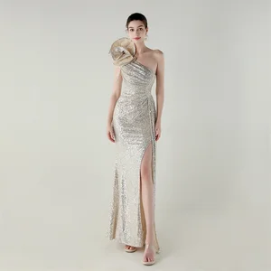One-Shoulder Beaded Handcrafted Floral Applique Tulle Mermaid Floor-Length Natural Evening High Slit Formal Banquet
