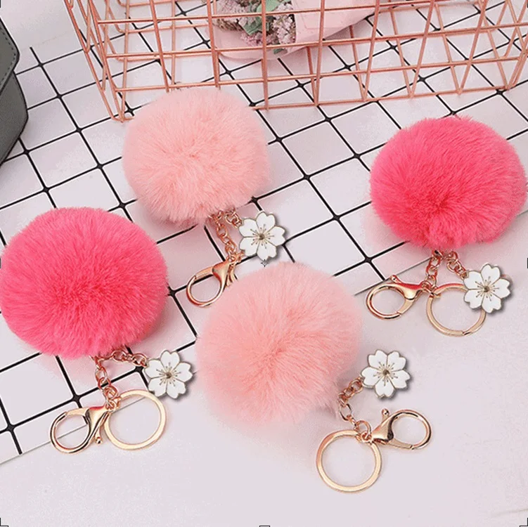 Wholesale Bauhinia Pom Pom Keyring Fuzzy Pink Fur Ball Puffball