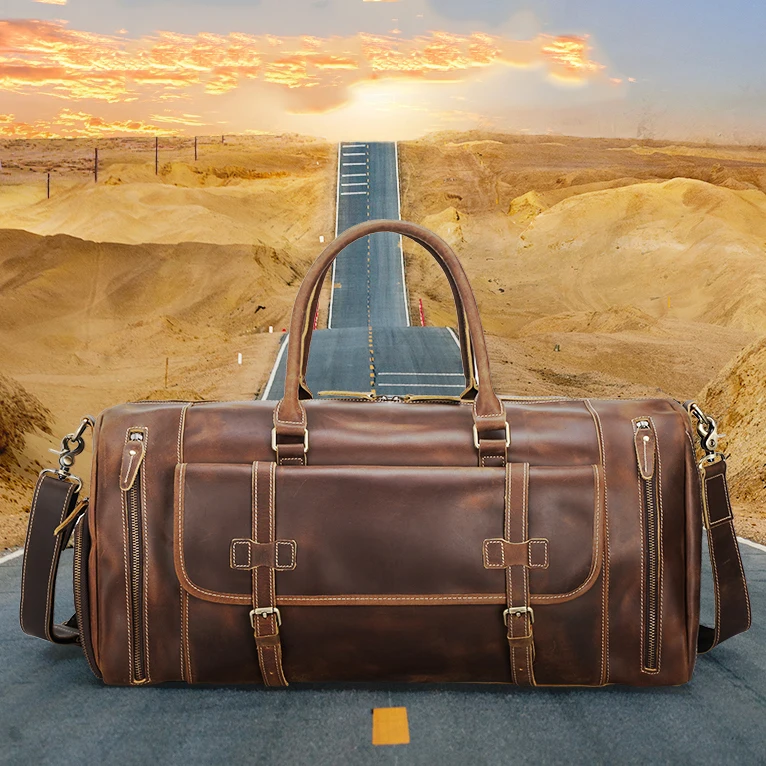 TIDING Drop Shipping Weekender Overnight Holdall Real Leather Travel Duffel Bag With Shoes Compartment