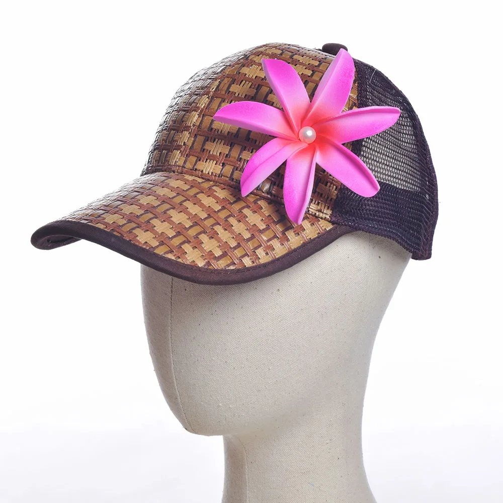 HH00005 High Quality Foam Tiare Flower On Handmade Woven Baseball Cap  Trucker Straw Hat Hawaii Summer Beach Sun Visor Sports Cap