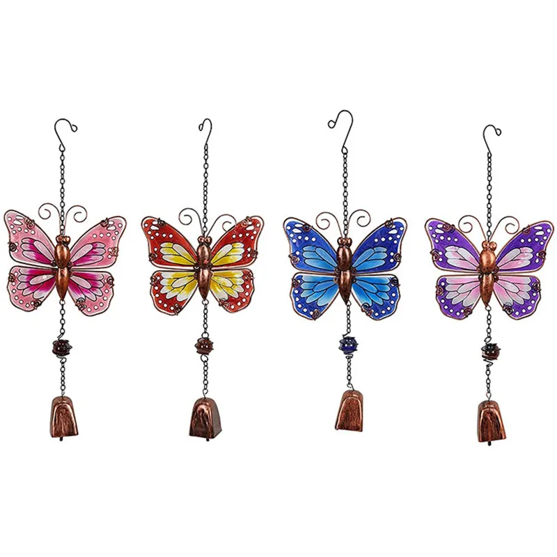 Liffy Set of 4  Indoor Outdoor Glass  Metal Butterfly Bell Hanging Butterfly Bell